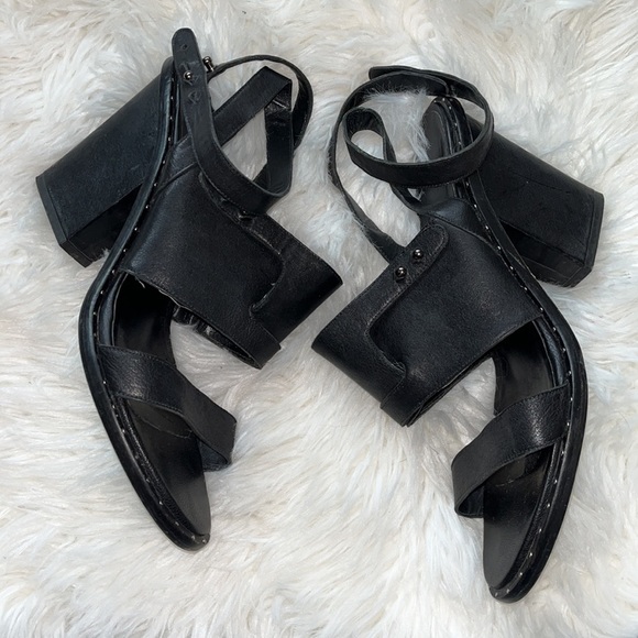 Freda Salvador Calfskin Go Strap Heeled Sandal Black Leather Block Heel Studded - Picture 9 of 11